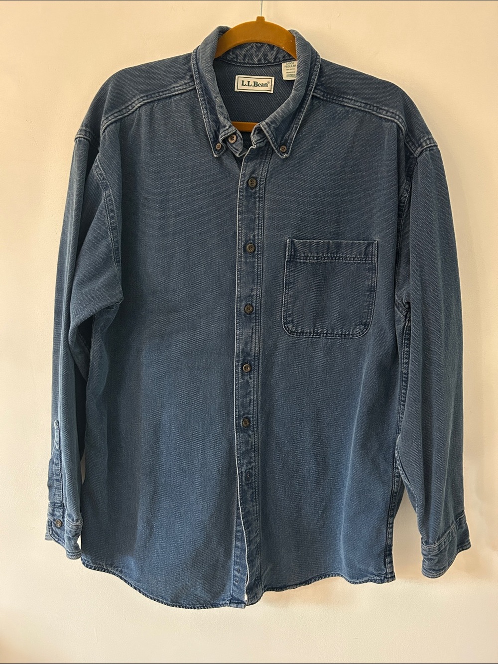 Vintage L.L. Bean Sashiko Indigo Denim Textured Shirt Long Sleeve Men's AY45 L